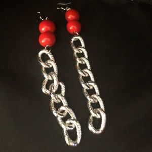 Handcrafted large silver tone with red beads chain earrings & bracelet set